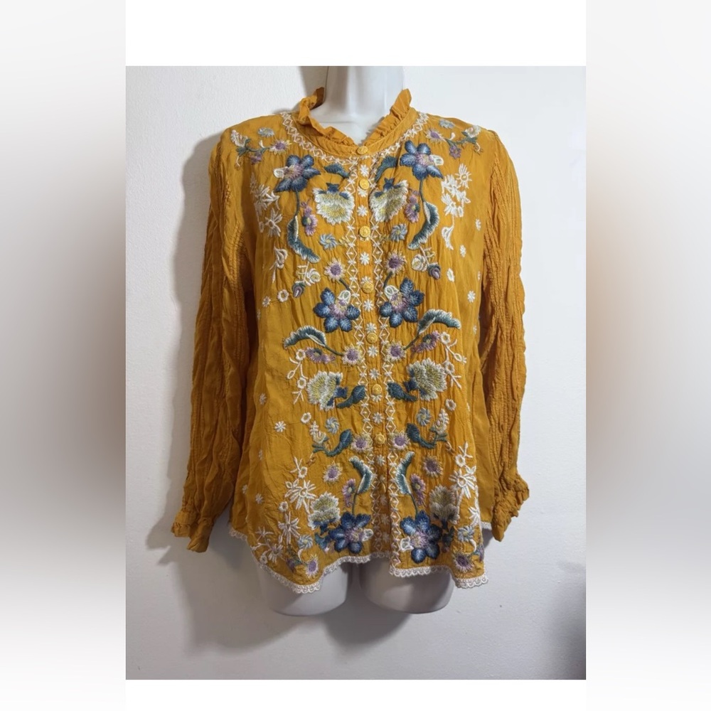 RARE Johnny Was Tove Tove Yellow Floral Embroidered Button Down BlouseSz S XC - Picture 1 of 13
